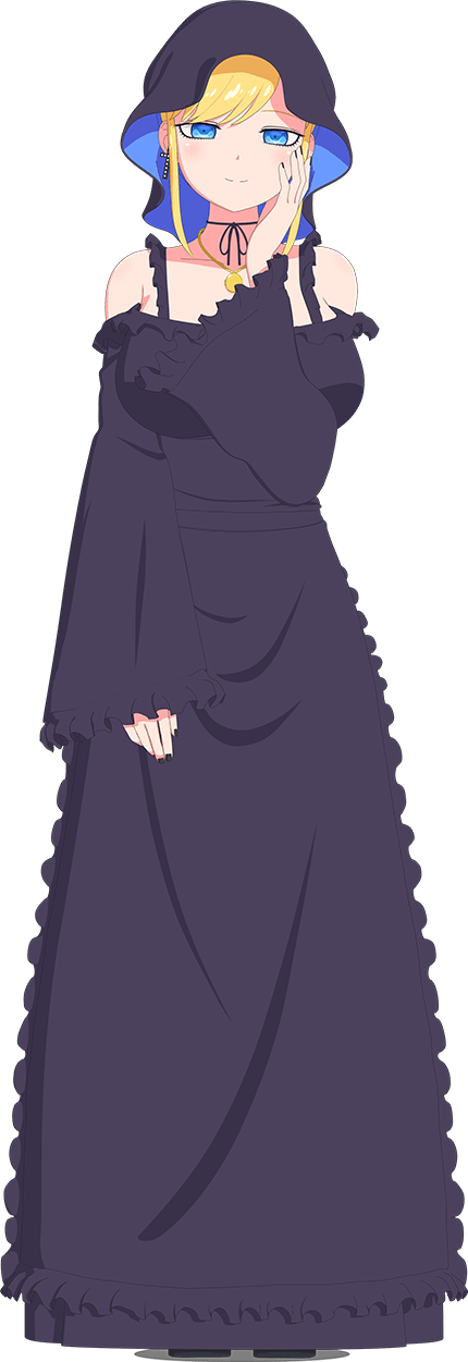 alice lendrott, shinigami bocchan to kuro maid, highres, official art, 1girl, anime coloring, bare shoulders, black dress, black nails, black veil, blonde hair, blue eyes, breasts, choker, closed mouth, cross, cross earrings, dress, earrings, full body, hand on own cheek, hand on own face, jewelry, large breasts, locket, long dress, long sleeves, looking at viewer, pendant, ribbon choker, sidelocks, simple background, smile, solo, standing, swept bangs, tachi-e, transparent background, veil