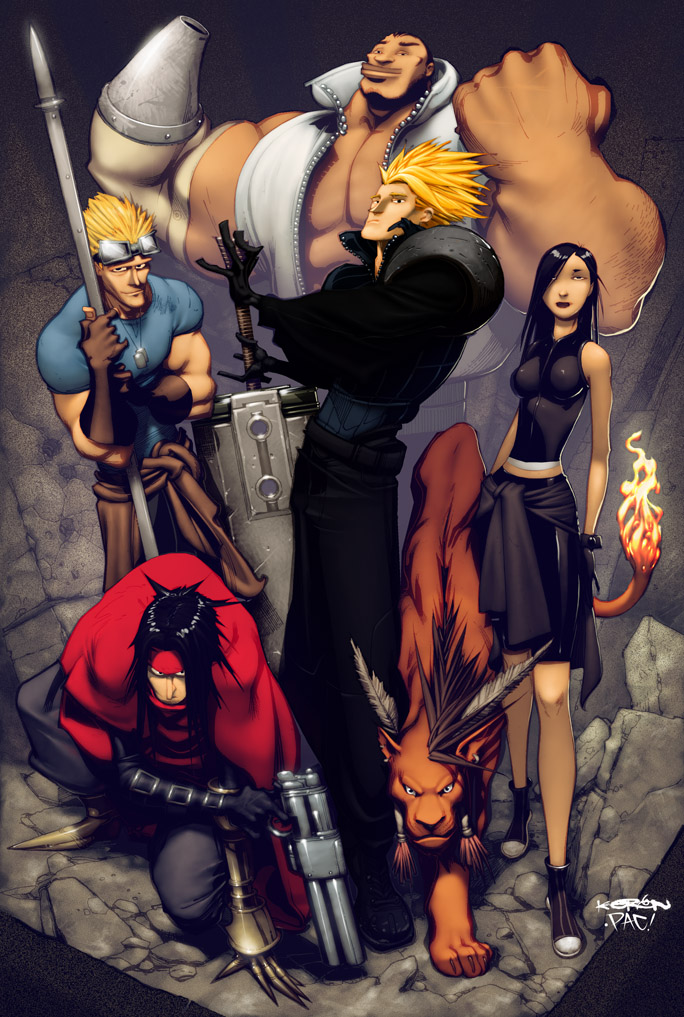 francisco perez, keron grant, barret wallace, cid highwind, cloud strife, red xiii, tifa lockhart, vincent valentine, final fantasy, final fantasy vii, final fantasy vii advent children, 00s, 1990s (style), 1girl, 4boys, arm cannon, artistic error, black hair, blonde hair, cape, claws, clothes around waist, dark skin, dog tags, feathers, gloves, goggles, goggles on head, gun, headband, multiple boys, polearm, red cape, rubble, shirt, shirt around waist, spear, sword, vest, weapon