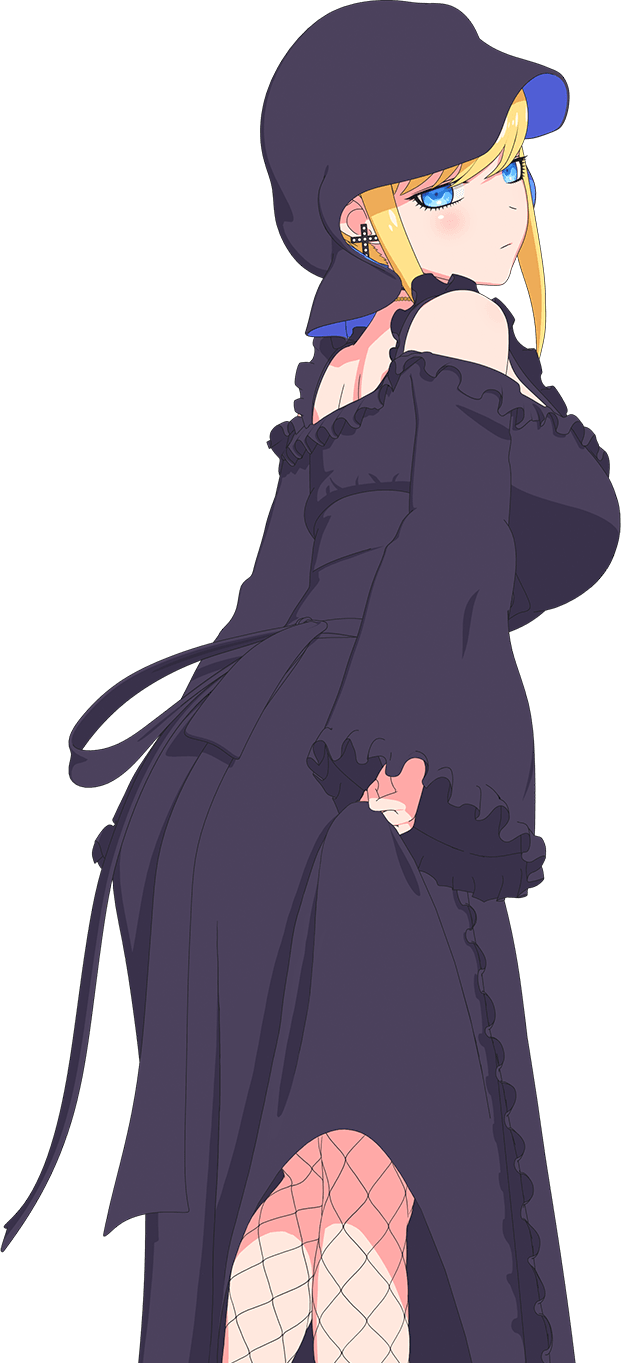 alice lendrott, shinigami bocchan to kuro maid, highres, official art, 1girl, anime coloring, bare shoulders, black dress, black veil, blonde hair, blue eyes, breasts, choker, closed mouth, clothes lift, cross, cross earrings, dress, dress lift, earrings, feet out of frame, fishnet thighhighs, fishnets, jewelry, large breasts, locket, long dress, long sleeves, looking at viewer, pendant, ribbon choker, sidelocks, simple background, solo, standing, swept bangs, tachi-e, thighhighs, transparent background, veil