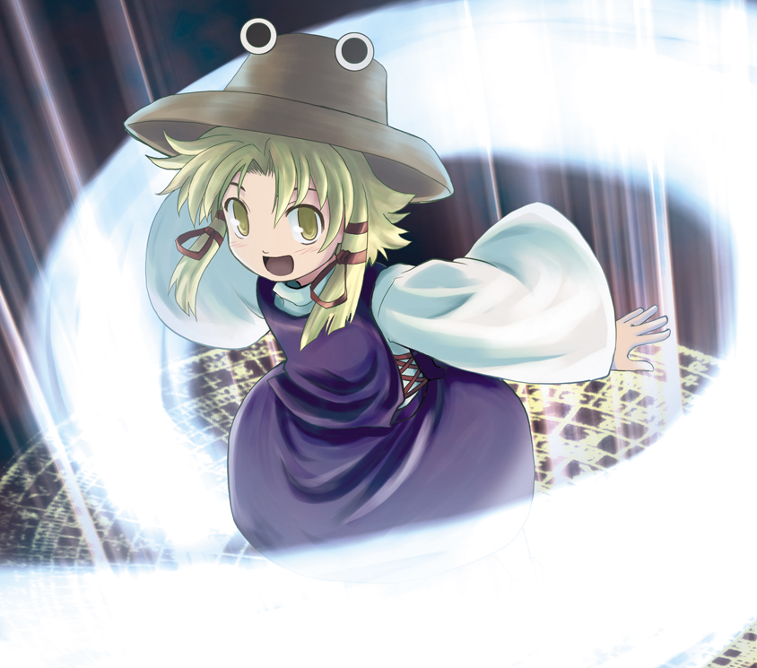 haniwa, haniwa (leaf garden), moriya suwako, touhou, 1girl, :d, blonde hair, female focus, hat, magic circle, open mouth, smile, solo, yellow eyes