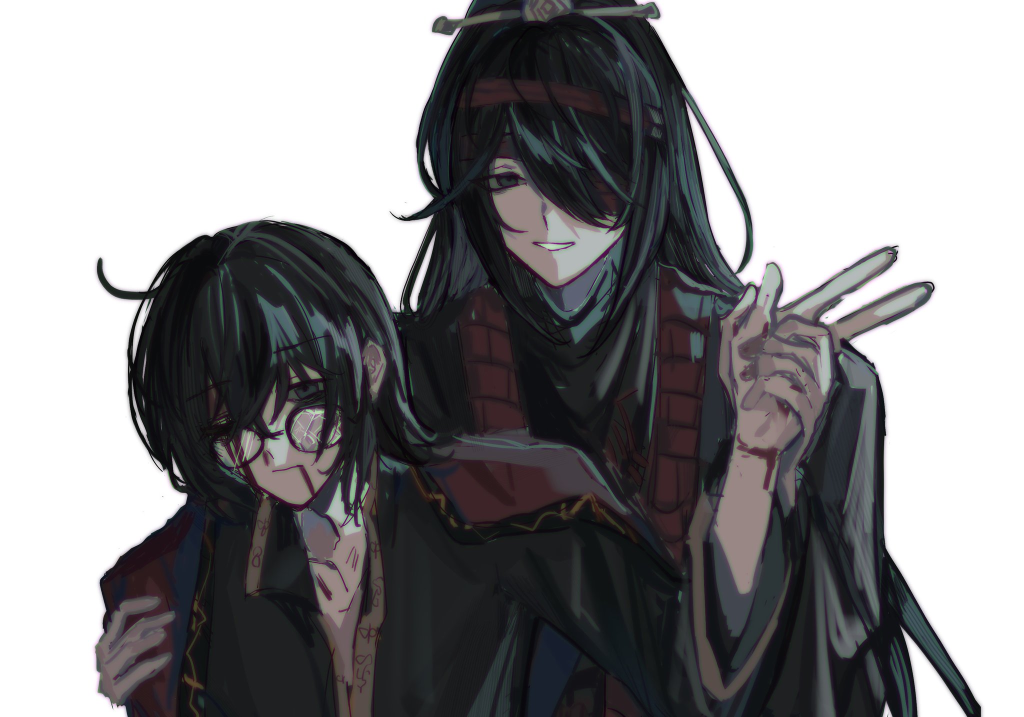 namaenonai ame, hong lu (project moon), yi sang (project moon), limbus company, project moon, highres, 2boys, bandage over one eye, black eyes, black hair, black hanfu, black shirt, blood, blood on face, broken eyewear, chinese clothes, coat, coat on shoulders, family hierarch candidate (identity) (project moon), glasses, hanfu, high ponytail, long hair, long sleeves, looking at viewer, male focus, multiple boys, ponytail, red coat, shirt, simple background, upper body, v, white background