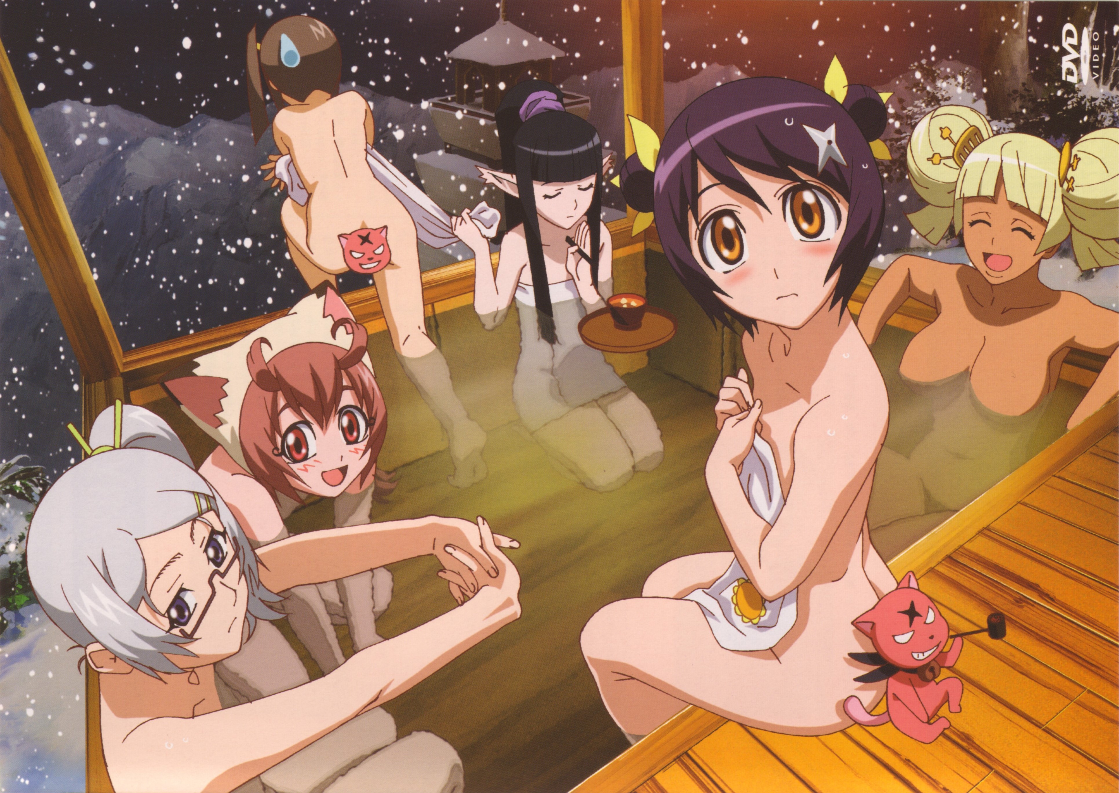 azami, himawari, azami (himawari), himeji, hinata himawari, hyuuga himawari, momota, shikimi, shikimi (himawari), tsukiyo-hime, yusura, yusura (himawari), himawari!, silver hair, absurdres, highres, non-web source, official art, scan, 00s, 1boy, 5girls, :d, ^ ^, animal ears, antenna hair, ass, back, bare back, bare shoulders, barefoot, bath, black hair, blonde hair, blue eyes, blush, bowl, breasts, brown hair, cat ears, censored, chopsticks, closed eyes, collarbone, cover, covering privates, dark skin, double bun, dvd cover, expressionless, feet, fingernails, floating, floor, food, glasses, hair between eyes, hair bun, hair ornament, happy, hat, hime cut, hip focus, holding, indoors, kneeling, kneepits, knees, large breasts, leaning back, leaning forward, legs, looking at viewer, looking back, mountain, multiple girls, naked towel, night, night sky, no nipples, nude, nude cover, on floor, onsen, open mouth, orange eyes, outdoors, outstretched arms, own hands clasped, own hands together, partially submerged, pink eyes, pink hair, pointy ears, ponytail, purple hair, semi-rimless eyewear, shadow, short hair, shuriken, side ponytail, sidelocks, sitting, sky, smile, snow, snowing, soaking feet, soles, spread arms, stretching, surprised, sweatdrop, thighs, towel, trap, tray, twintails, v arms, water, weapon, wet, wooden floor