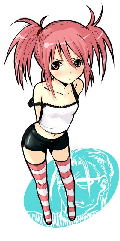 taha, edomae lunar, lunar no papa, seto no hanayome, 00s, 1boy, 1girl, blush, pink eyes, pink hair, shorts, strap slip, striped clothes, striped thighhighs, tank top, thighhighs, twintails