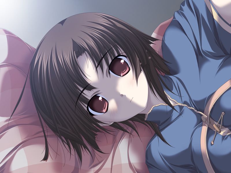 tsukimori hiro, niiyama aoi, akiiro renka, game cg, non-web source, official art, 1girl, bed, brown eyes, brown hair, night, pillow, serious, short hair, short sleeves