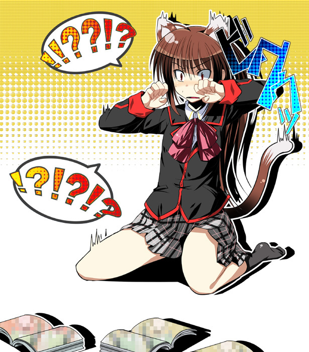 hirama hirokazu, na mizuumi, natsume rin, little busters!, 1girl, animal ears, bow, cat ears, cat tail, censored, female focus, pink bow, plaid clothes, plaid skirt, school uniform, serafuku, skirt, solo, tail