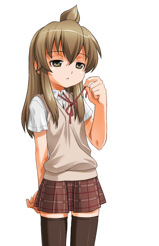 umekichi, minami chiaki, minami-ke, 00s, :<, ahoge, brown eyes, brown hair, solo, thighhighs, zettai ryouiki