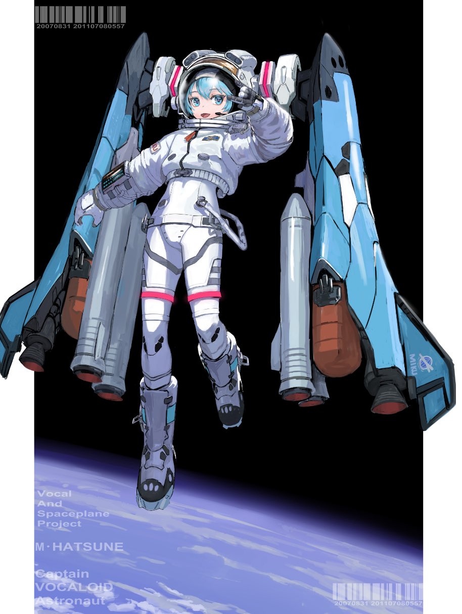 mikan lemon, hatsune miku, vocaloid, commentary, highres, 1girl, alternate costume, aqua hair, astronaut, barcode, birthday, earth (planet), english text, floating, full body, looking at viewer, mechanical hair, open mouth, outside border, outstretched arm, pillarboxed, planet, solo, space, spacesuit, thrusters, w, watermark