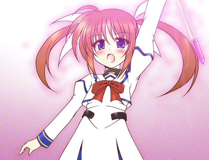 uminchu, raising heart, takamachi nanoha, takamachi nanoha (original mode), lyrical nanoha, mahou shoujo lyrical nanoha, 00s, 1girl, blue eyes, brown hair, female focus, purple eyes, solo, staff, twintails