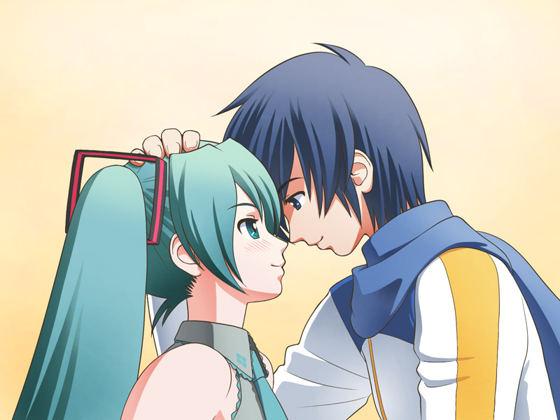 tofu juuji, hatsune miku, kaito (vocaloid), vocaloid, 1boy, 1girl, aqua hair, blush, couple, hetero