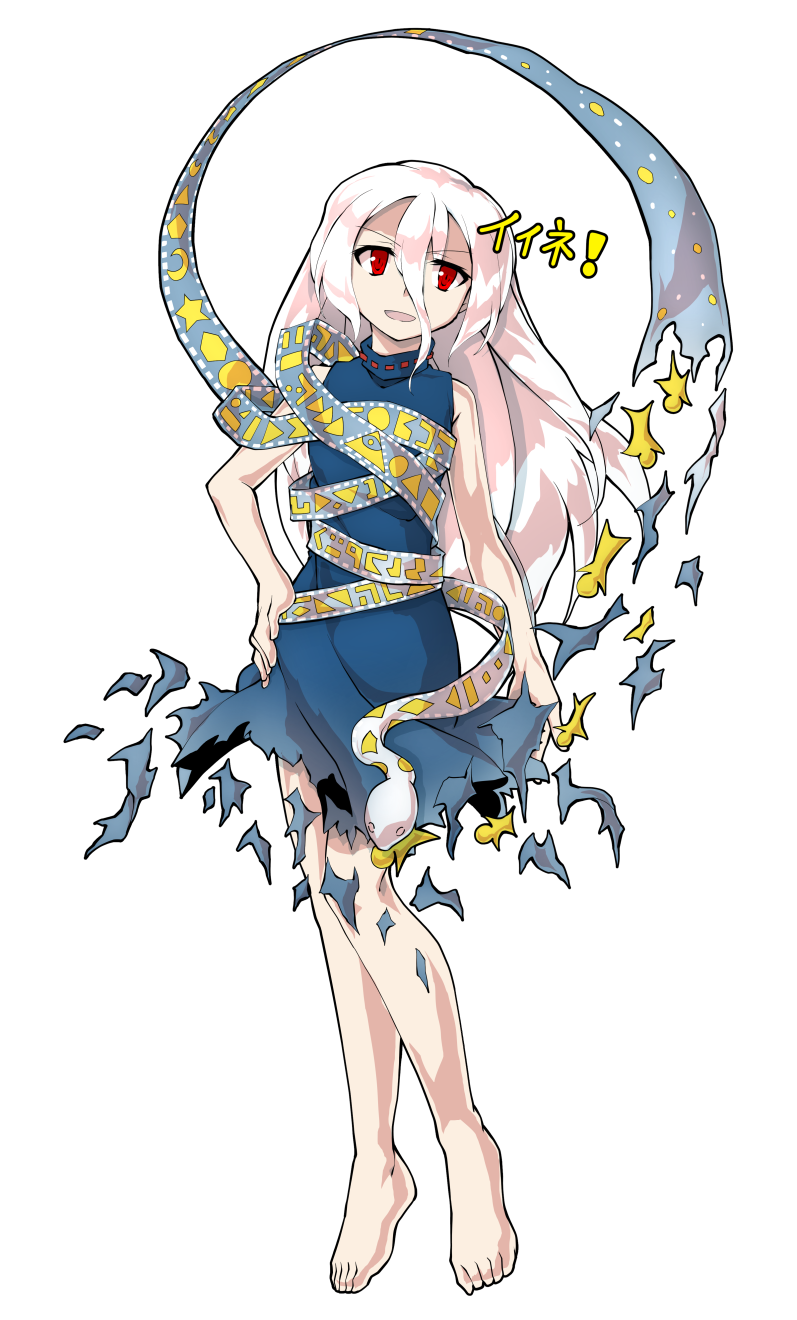 dairi, yuiman asama, fossilized wonders, touhou, commentary request, highres, large variant set, variant set, 1girl, alphes (style), barefoot, blue dress, breasts, crescent, dress, eye of providence, full body, grey hair, hair between eyes, hand on own hip, long hair, long hair between eyes, parody, play button, red eyes, ribbon around body, sleeveless, sleeveless dress, snake, solo, style parody, tachi-e, torn clothes, torn dress, transparent background, triangle