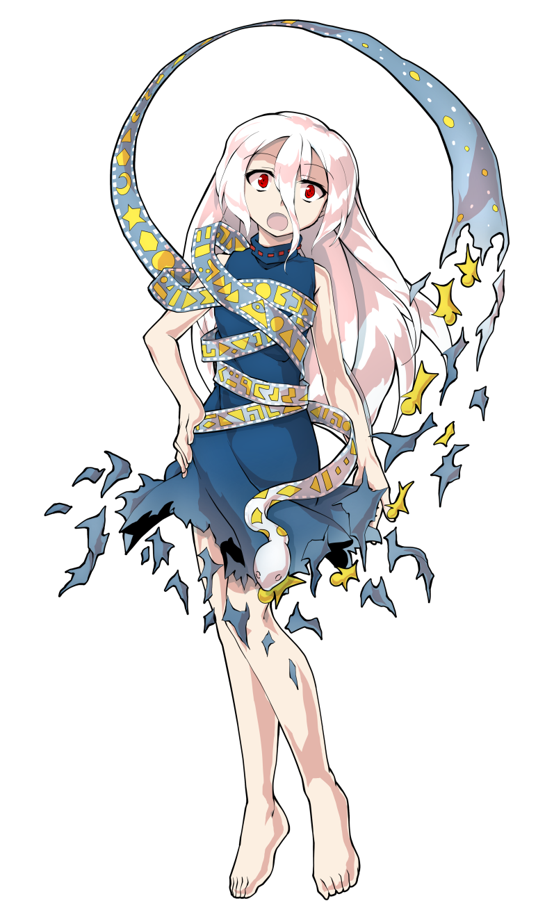 dairi, yuiman asama, fossilized wonders, touhou, commentary request, highres, large variant set, variant set, 1girl, alphes (style), barefoot, blue dress, breasts, crescent, dress, eye of providence, full body, grey hair, hair between eyes, hand on own hip, long hair, long hair between eyes, parody, play button, red eyes, ribbon around body, sleeveless, sleeveless dress, snake, solo, style parody, tachi-e, torn clothes, torn dress, transparent background, triangle