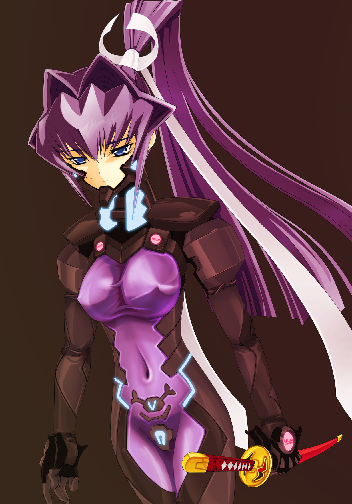 zenithexe, mitsurugi meiya, muv-luv, muv-luv alternative, pilot suit, highres, 1girl, armor, black background, blue eyes, bodysuit, breasts, covered erect nipples, covered navel, cowboy shot, female focus, fortified suit, gloves, hair intakes, hair ribbon, half-closed eyes, high ponytail, holding, holding weapon, katana, large breasts, long hair, looking down, mecha pilot suit, neon trim, ponytail, purple bodysuit, purple hair, ribbon, sheath, sheathed, sidelocks, simple background, skin tight, solo, sword, taut clothes, very long hair, weapon