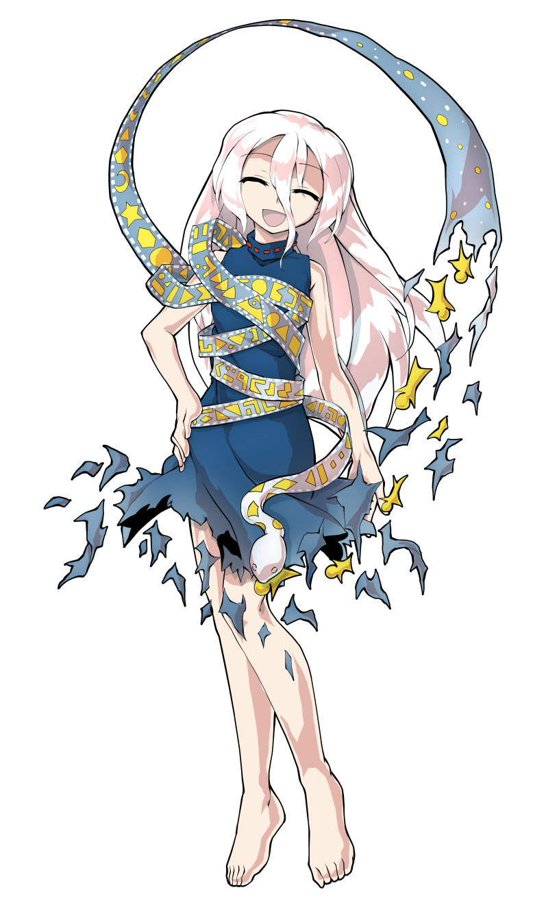 dairi, yuiman asama, fossilized wonders, touhou, commentary request, highres, large variant set, variant set, 1girl, alphes (style), barefoot, blue dress, breasts, closed eyes, crescent, dress, eye of providence, full body, grey hair, hair between eyes, hand on own hip, long hair, long hair between eyes, parody, play button, ribbon around body, sleeveless, sleeveless dress, snake, solo, style parody, tachi-e, torn clothes, torn dress, transparent background, triangle