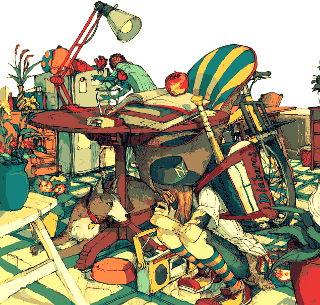 gecco, hirasawa geko, light, bad id, bad pixiv id, 1boy, 1girl, apple, bag, baseball bat, bicycle, boombox, bowl, cigarette pack, clothes writing, dog, flower, food, fruit, hat, kneehighs, pet bowl, plant, shoulder bag, socks, standing, striped clothes, striped socks, table