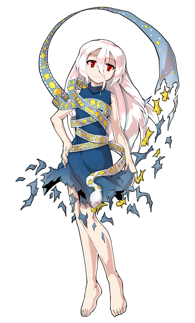 dairi, yuiman asama, fossilized wonders, touhou, commentary request, highres, large variant set, variant set, 1girl, alphes (style), barefoot, blue dress, breasts, crescent, dress, eye of providence, full body, grey hair, hair between eyes, hand on own hip, long hair, long hair between eyes, parody, play button, red eyes, ribbon around body, sleeveless, sleeveless dress, snake, solo, style parody, tachi-e, torn clothes, torn dress, transparent background, triangle
