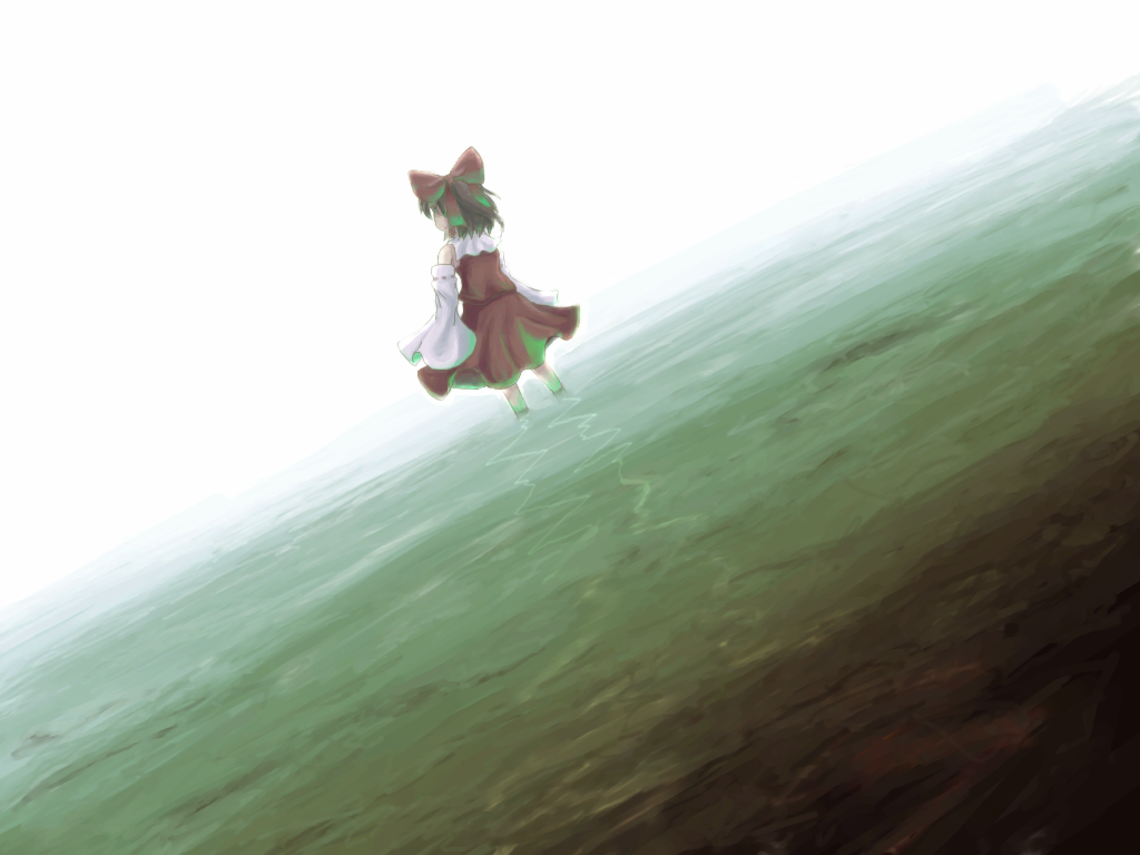 lzh, hakurei reimu, touhou, 1girl, female focus, from behind, solo, wading, water