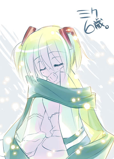 rei (artist), rei (rei's room), hatsune miku, vocaloid, 1girl, blonde hair, blue scarf, borrowed clothes, child, closed eyes, female focus, full body, headgear, knees up, scarf, sitting, smile, snowing, socks, solo, twintails, white socks