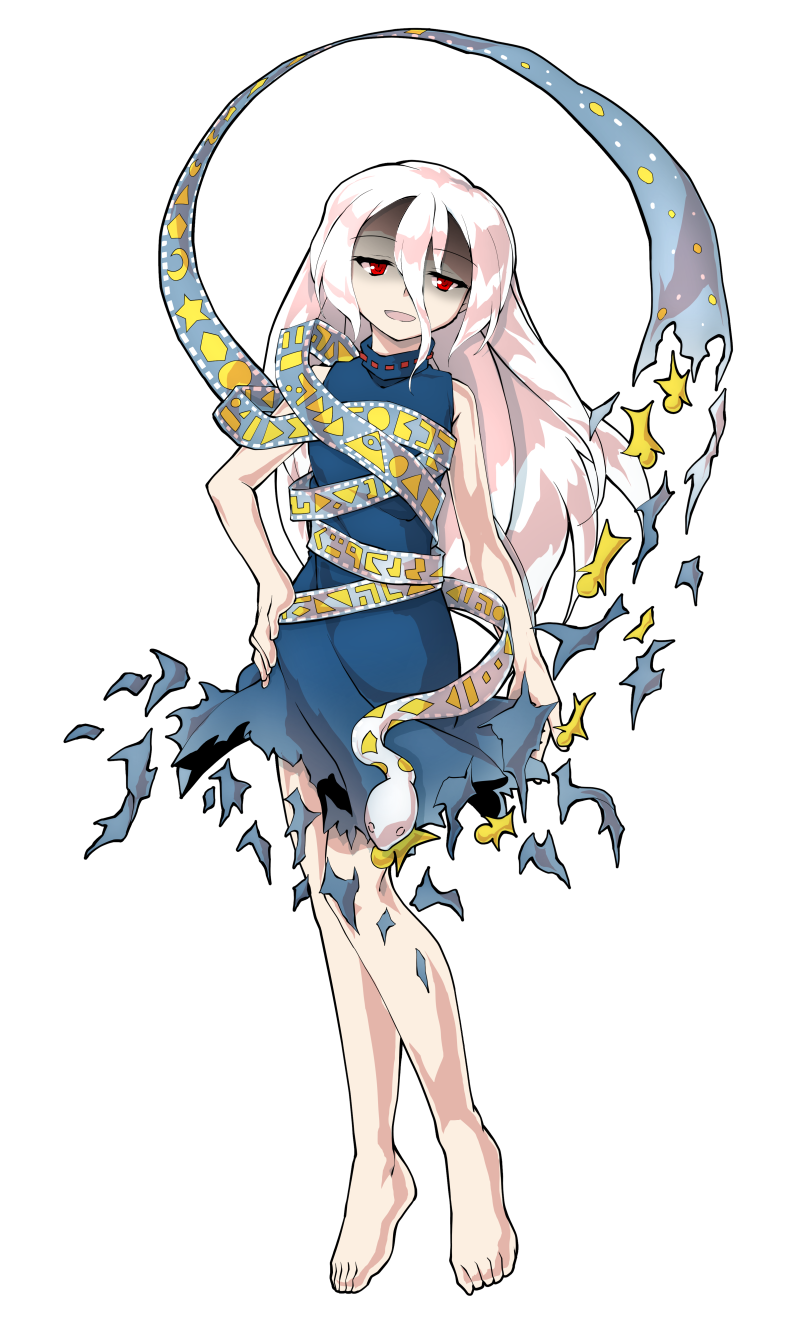 dairi, yuiman asama, fossilized wonders, touhou, commentary request, highres, large variant set, variant set, 1girl, alphes (style), barefoot, blue dress, breasts, crescent, dress, eye of providence, full body, grey hair, hair between eyes, hand on own hip, long hair, long hair between eyes, parody, play button, red eyes, ribbon around body, shaded face, sleeveless, sleeveless dress, snake, solo, style parody, tachi-e, torn clothes, torn dress, transparent background, triangle