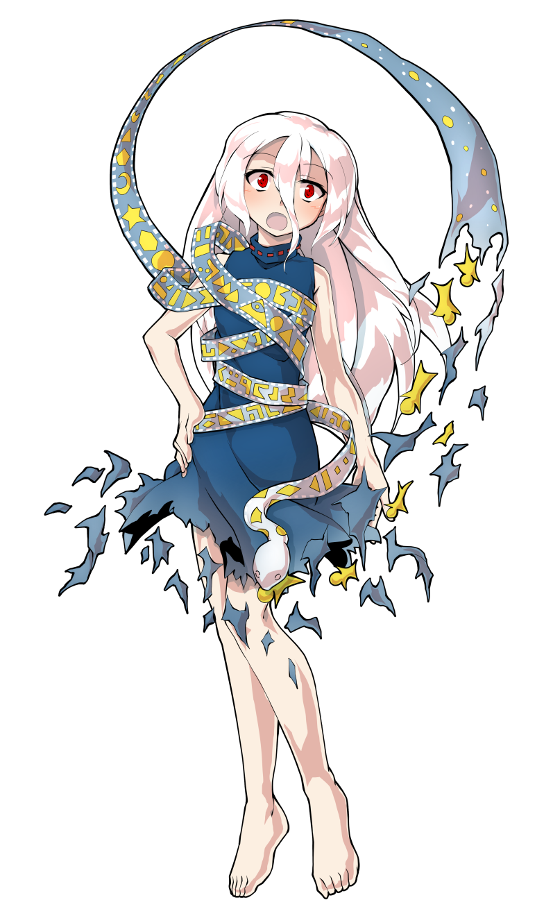 dairi, yuiman asama, fossilized wonders, touhou, commentary request, highres, large variant set, variant set, 1girl, alphes (style), barefoot, blue dress, blush, breasts, crescent, dress, eye of providence, full body, grey hair, hair between eyes, hand on own hip, long hair, long hair between eyes, parody, play button, red eyes, ribbon around body, sleeveless, sleeveless dress, snake, solo, style parody, tachi-e, torn clothes, torn dress, transparent background, triangle