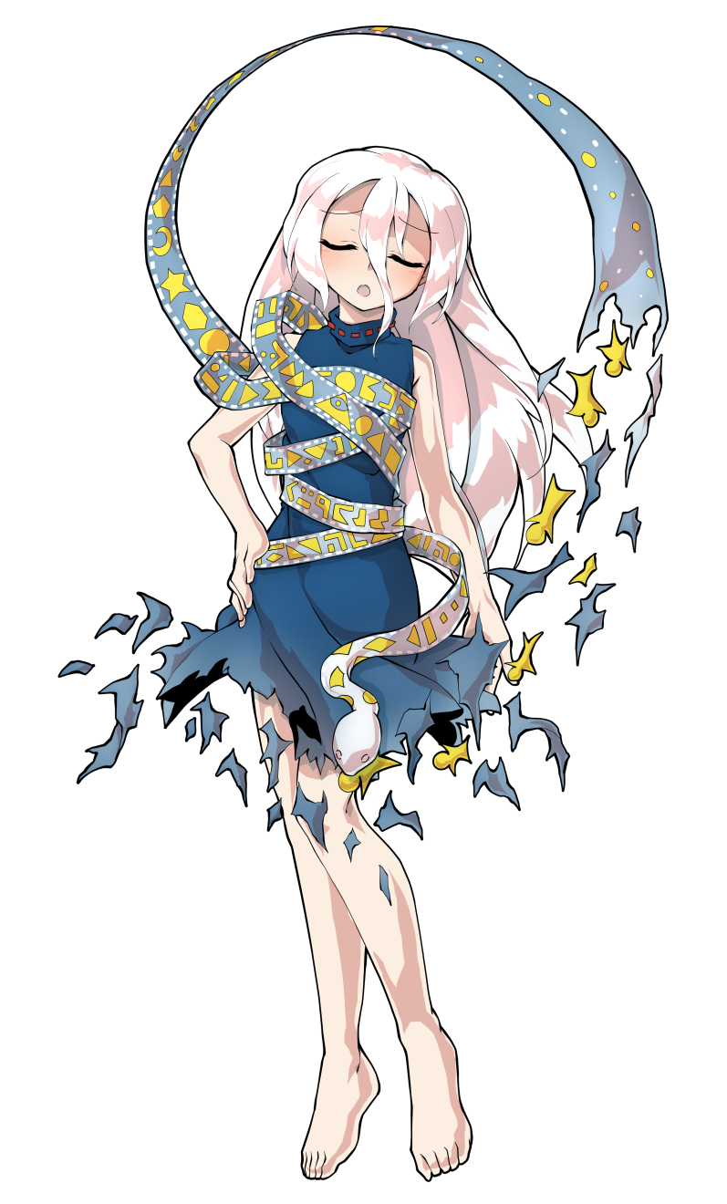 dairi, yuiman asama, fossilized wonders, touhou, commentary request, highres, large variant set, variant set, 1girl, alphes (style), barefoot, blue dress, blush, breasts, closed eyes, crescent, dress, eye of providence, full body, grey hair, hair between eyes, hand on own hip, long hair, long hair between eyes, parody, play button, ribbon around body, sleeveless, sleeveless dress, snake, solo, style parody, tachi-e, torn clothes, torn dress, transparent background, triangle
