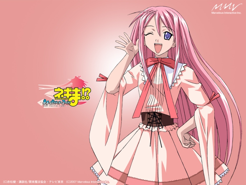 hasegawa chisame, mahou sensei negima!, 00s, dress, one eye closed, pink hair, solo, waving, wink