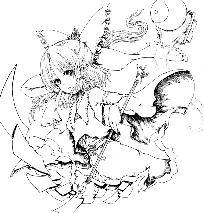 katzeh, hakurei reimu, touhou, 1girl, bow, collar, detached sleeves, dress, female focus, gohei, greyscale, hair bow, holding, long sleeves, looking at viewer, monochrome, ponytail, simple background, solo, stick, white background