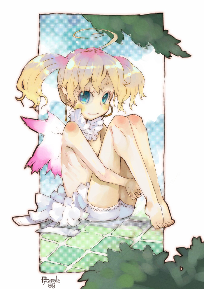 hamamoto ryuusuke, ahoge, angel, barefoot, blonde hair, blue eyes, flat chest, full body, outside border, short shorts, shorts, sitting, topless female, wings