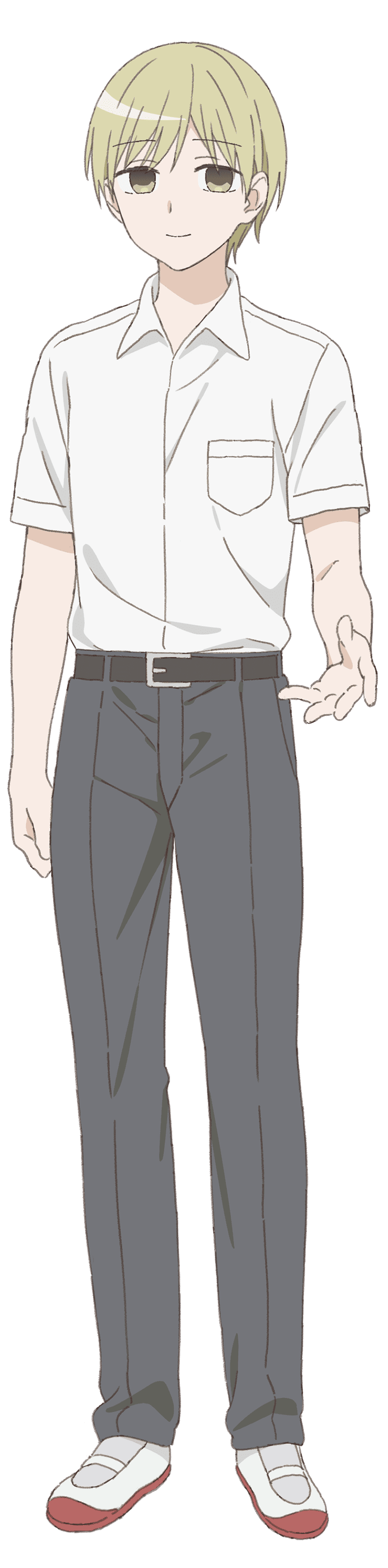 nakamura naoto, kao ni denai kashiwada-san to kao ni deru oota-kun, absurdres, highres, long image, official art, tall image, 1boy, anime coloring, belt, black belt, closed mouth, collared shirt, full body, green eyes, green hair, grey pants, grey socks, looking at viewer, male focus, open hand, pants, sada-kun, school uniform, shirt, shoes, short sleeves, simple background, smile, socks, solo, standing, tachi-e, transparent background, white shirt, white shoes