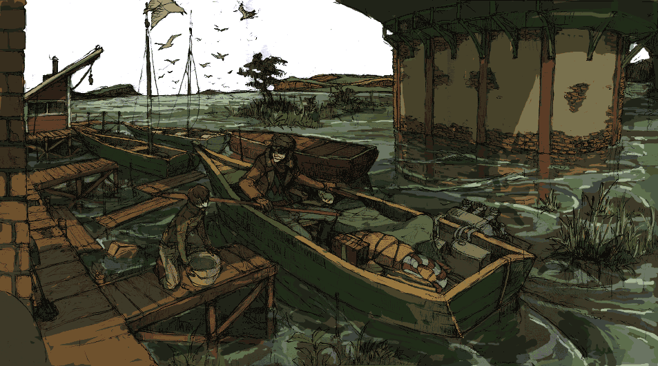 gecco, hirasawa geko, bad id, bad pixiv id, 2boys, bird, boat, bridge, day, lifebuoy, multiple boys, outdoors, river, rowboat, scenery, sitting, swim ring, water, watercraft