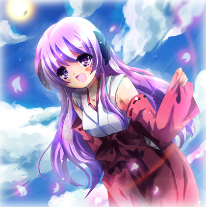 aquamarine, hanyuu, higurashi no naku koro ni, lowres, 00s, 1girl, female focus, hakama, hakama skirt, horns, japanese clothes, miko, purple eyes, purple hair, red hakama, skirt, solo