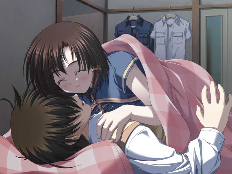 tsukimori hiro, niiyama aoi, akiiro renka, game cg, non-web source, official art, 1boy, 1girl, brown hair, closed eyes, futon, girl on top, hair tubes, hug, night, pillow, short hair, sweatdrop