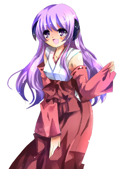 aquamarine, hanyuu, higurashi no naku koro ni, 00s, 1girl, blue eyes, dress, female focus, hakama, hakama skirt, japanese clothes, long hair, long sleeves, pink hair, red dress, red hakama, simple background, skirt, solo, standing, very long hair, white background