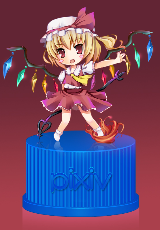 tomusooya, flandre scarlet, touhou, 1girl, arm behind back, blouse, chibi, collared shirt, female focus, gradient background, hat, mob cap, one side up, pixiv bottlecap, red background, shirt, socks, solo, white hat, white shirt, white socks, wings