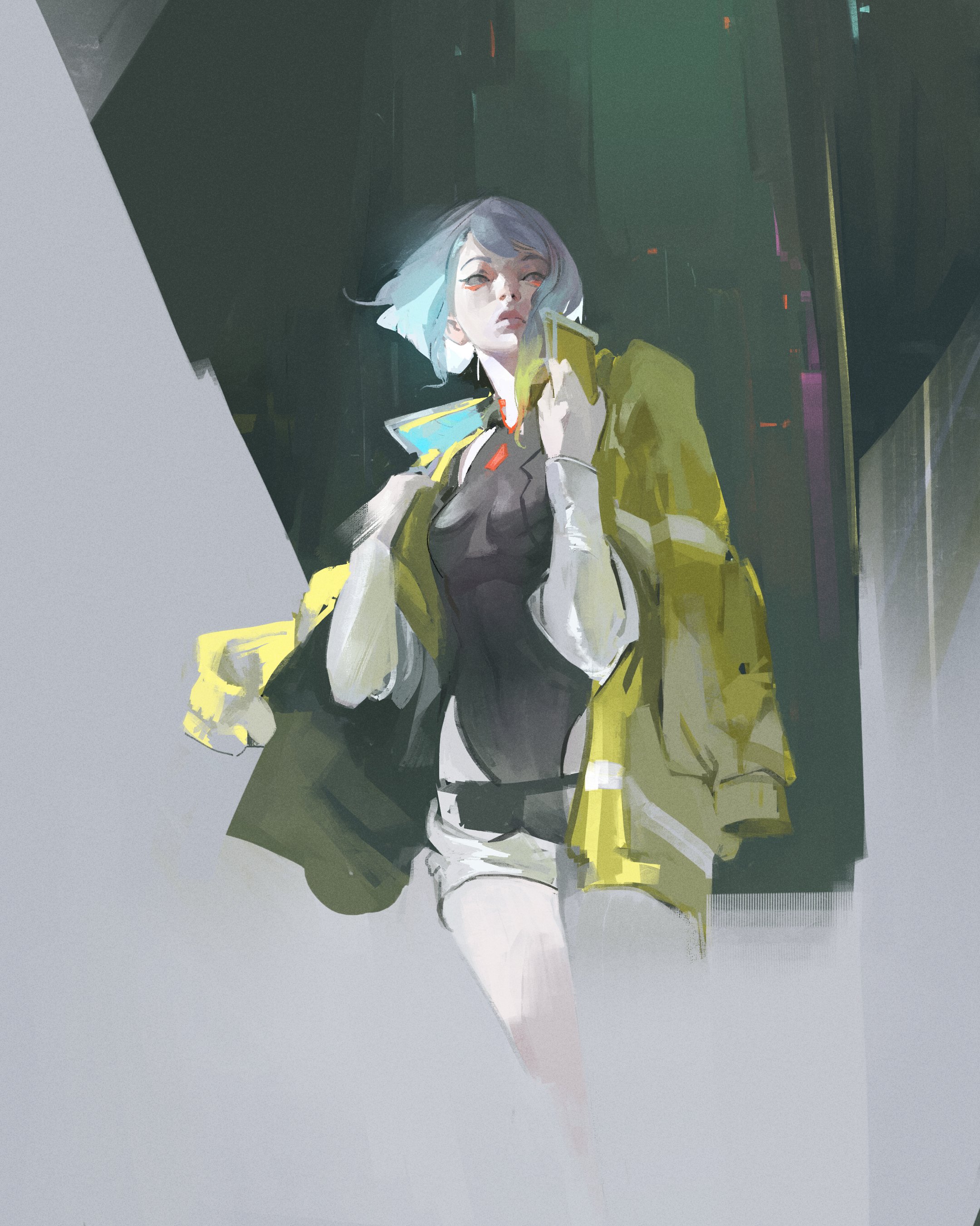 kanji (nievart), lucy (cyberpunk), cyberpunk: edgerunners, cyberpunk (series), absurdres, highres, 1girl, aqua hair, black leotard, breasts, covered navel, cowboy shot, cyborg, eyeliner, hands up, jacket, leotard, lips, looking to the side, makeup, medium hair, open clothes, open jacket, red eyeliner, solo, yellow jacket