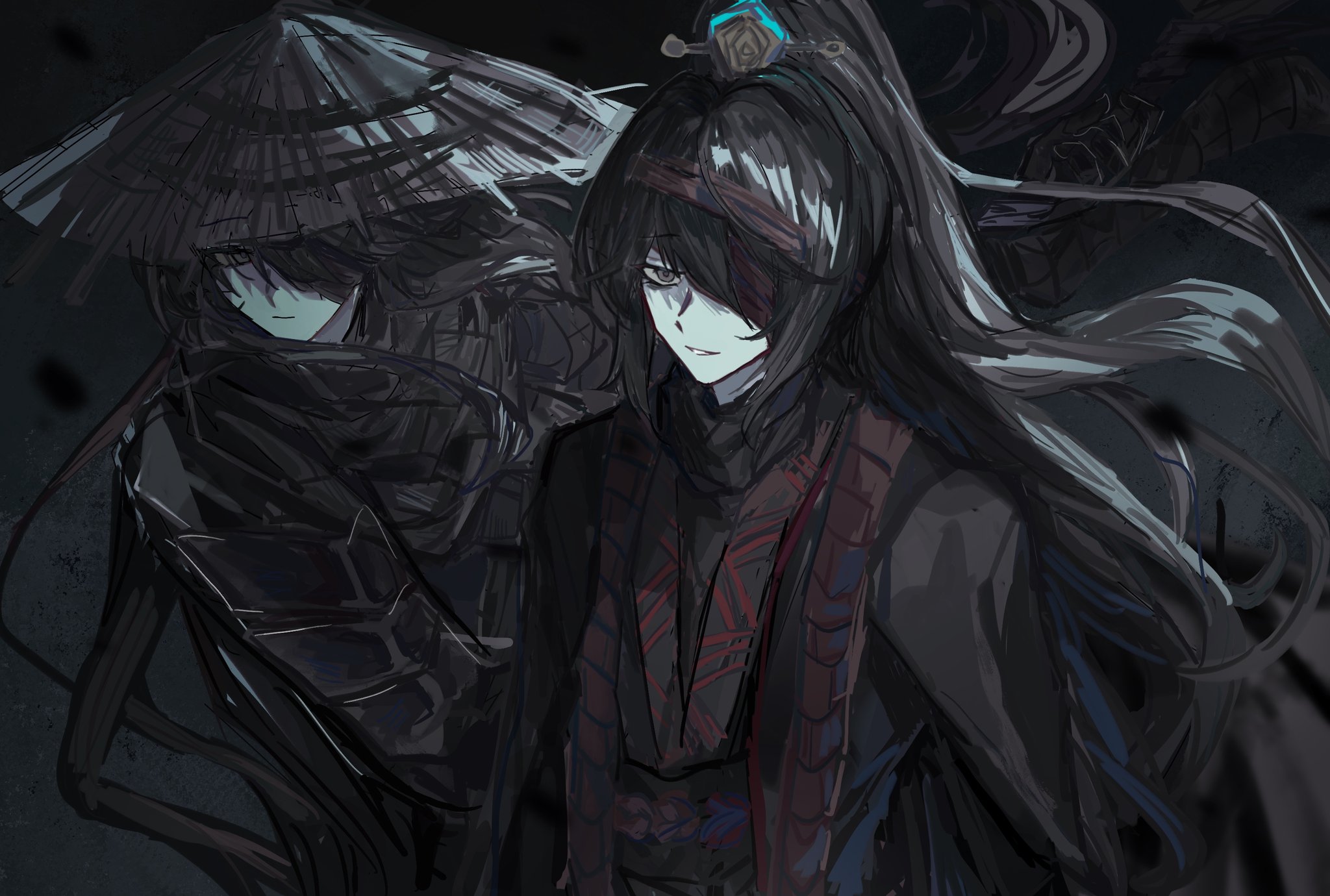 namaenonai ame, hong lu (project moon), yi sang (project moon), limbus company, project moon, highres, 2boys, bandage over one eye, black eyes, black hair, black hanfu, chinese clothes, conical hat, family hierarch candidate (identity) (project moon), grey background, grey hanfu, grey scarf, hanfu, hat, heishou pack-wu branch (identity) (project moon), high ponytail, long hair, looking at viewer, male focus, multiple boys, ponytail, rice hat, scarf, simple background, upper body