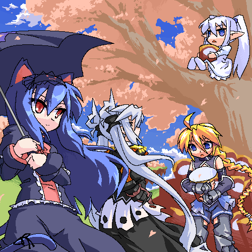 mof, girl with a blonde braid (tomoshibi hidekazu), kikai-jikake no kuroneko, mechanical black cat, mof's silver haired twintailed girl, redrantem's orange haired girl, original, lowres, 4girls, animal ears, borrowed character, cat ears, cherry blossoms, multiple girls, oekaki
