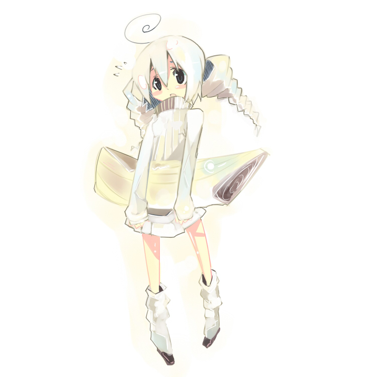 kanikama, original, 1girl, ahoge, blonde hair, boots, dress, female focus, knee boots, long sleeves, looking at viewer, pillow, simple background, solo, twintails, white background, white boots, white dress