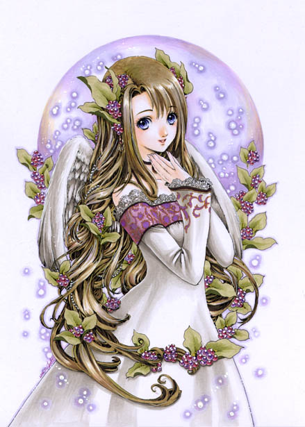 shiitake (gensoudou), marker (medium), traditional media, angel, angel wings, blue eyes, brown hair, dress, hair ornament, long hair, long sleeves, smile, solo, white dress, wings