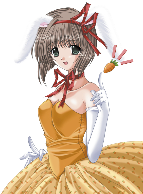 nishimata aoi, clover (game cg), 1girl, :d, animal ears, artist name, bare shoulders, breasts, brown hair, carrot, choker, cleavage, collarbone, dress, elbow gloves, female focus, food print, from side, gloves, green eyes, hair ribbon, index finger raised, medium breasts, open mouth, orange dress, print dress, rabbit ears, red ribbon, ribbon, ribbon choker, short hair, simple background, smile, solo, strapless, strapless dress, tareme, white gloves