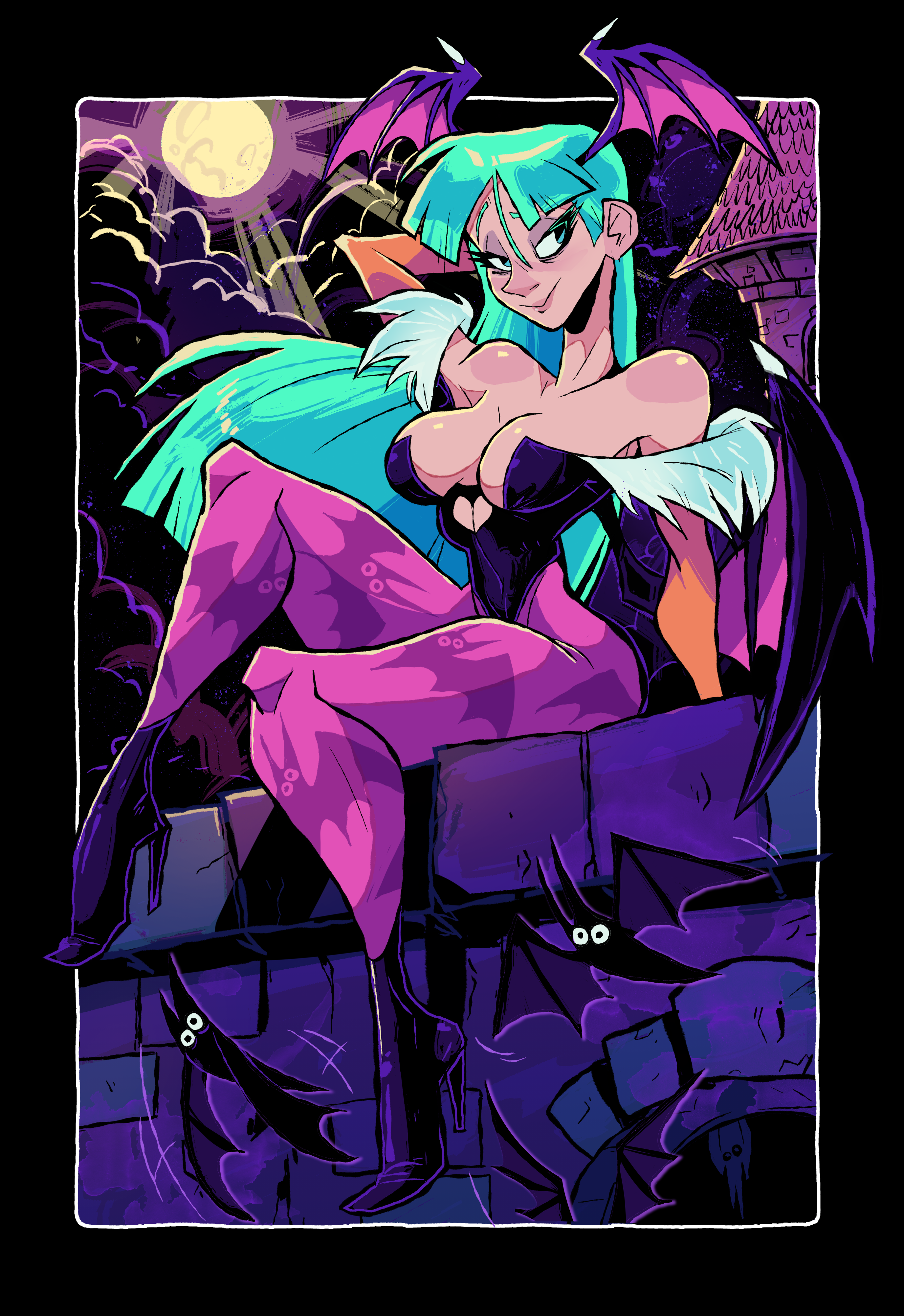 herny, morrigan aensland, darkstalkers, 1girl, bare shoulders, bat (animal), bat (symbol), black border, black leotard, boots, border, breasts, brick wall, bridal gauntlets, closed mouth, full body, full moon, green eyes, grey hair, head wings, high heel boots, high heels, large breasts, leotard, long hair, matching hair/eyes, moon, narrow waist, night, night sky, outdoors, pantyhose, purple pantyhose, sitting, sky, solo, wings