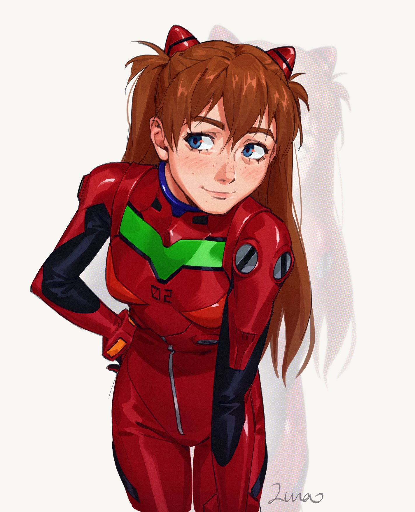xxlunawarriorxx, souryuu asuka langley, neon genesis evangelion, highres, 1girl, blue eyes, bodysuit, brown hair, freckles, interface headset (evangelion), leaning forward, long hair, looking to the side, mecha pilot suit, plugsuit (evangelion), red bodysuit, smile, solo, two side up