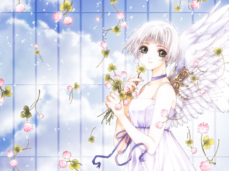 clamp, suu, suu (clover), clover (manga), official art, official wallpaper, 1girl, angel, choker, clover, clover (flower), dress, female focus, flower, from side, green eyes, pale color, ribbon, short hair, smile, solo, steampunk, white hair, wings