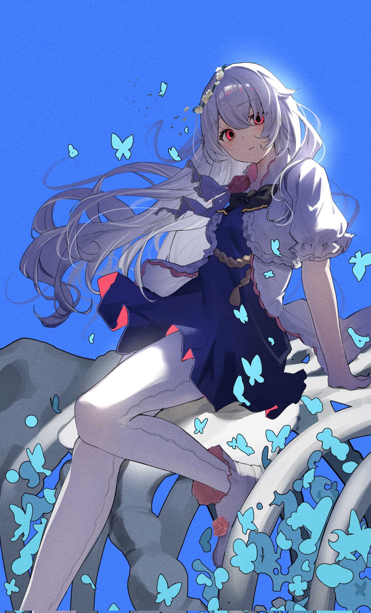 hikari (arcaea), hikari (reunion) (arcaea), arcaea, highres, black bow, black bowtie, black dress, blue butterfly, blue eyes, boots, bow, bowtie, bug, butterfly, dress, expressionless, flower, frilled boots, frilled dress, frilled sleeves, frilled wrist cuffs, frills, grey hair, head wreath, insect, long hair, pantyhose, pink flower, pink rose, puffy short sleeves, puffy sleeves, rose, short sleeves, sitting, sonzai (x x037 lito), white boots, white dress, white pantyhose, wrist cuffs