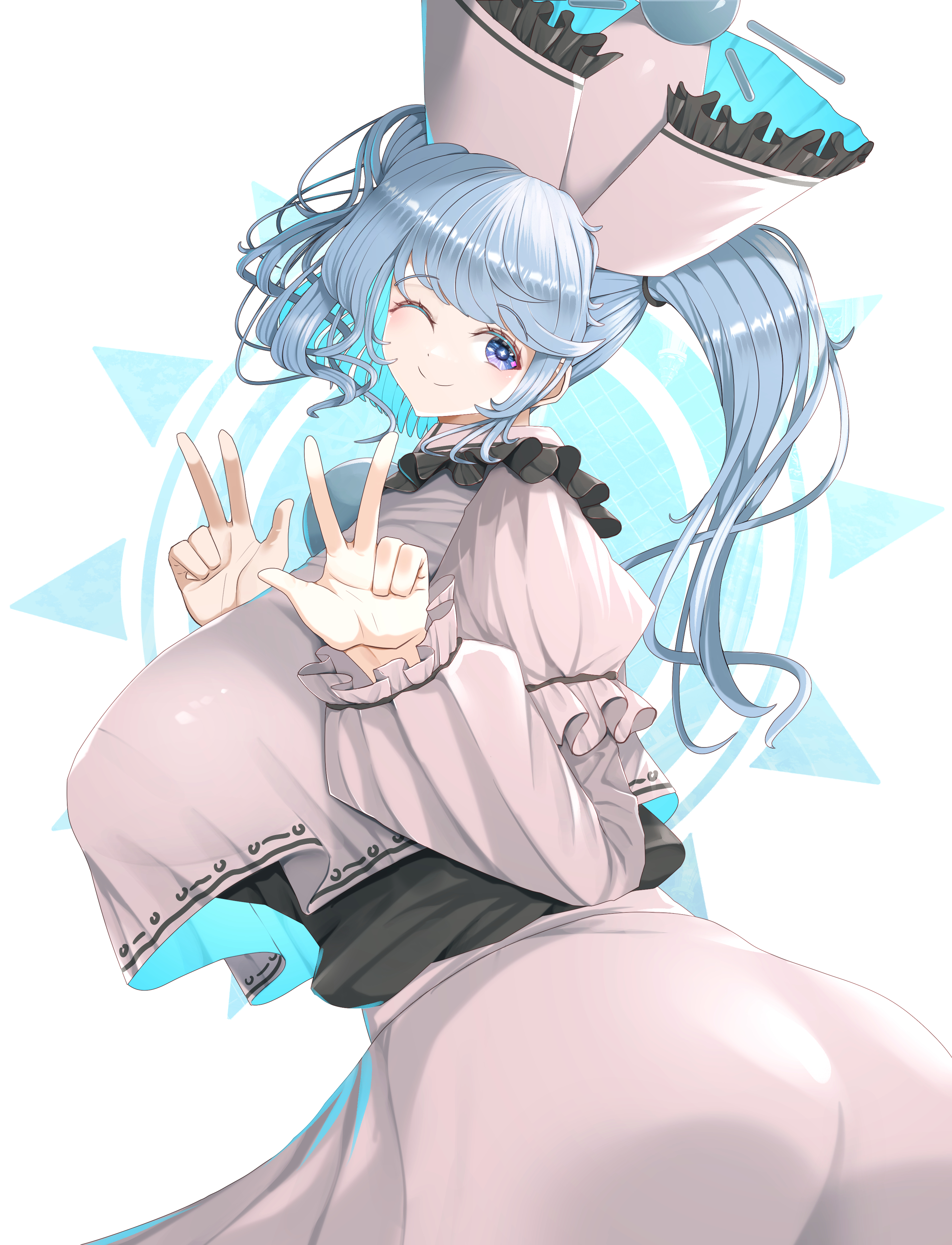 aonori00, merlin prismriver, touhou, absurdres, highres, 1girl, alternate hairstyle, ass, black shirt, blue eyes, blue hair, breasts, closed mouth, cowboy shot, double v, gigantic breasts, hands up, long hair, looking at viewer, one eye closed, pink vest, shirt, side ponytail, smile, solo, v, vest, white background