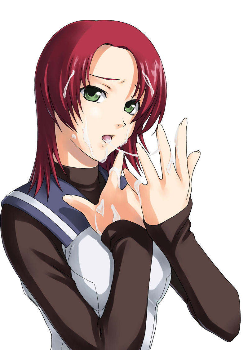 tanaka shoutarou, yuuki nao, my-hime, 00s, cum, cum on body, facial, green eyes, red hair, simple background, solo, white background