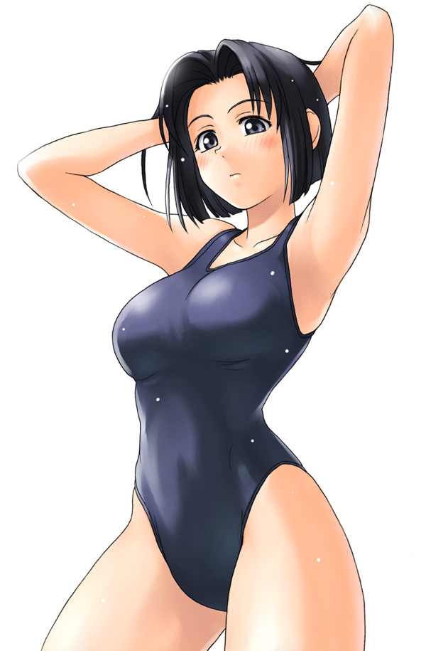tanaka shoutarou, mizuno youko, maria-sama ga miteru, 00s, 1girl, arms up, black hair, blue eyes, blue hair, blush, collarbone, cowboy shot, female focus, matching hair/eyes, one-piece swimsuit, short hair, simple background, solo, swimsuit, wet, white background