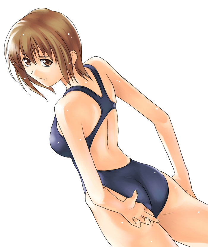 tanaka shoutarou, satou sei, maria-sama ga miteru, 00s, 1girl, adjusting clothes, adjusting swimsuit, ass, blonde hair, brown eyes, brown hair, competition swimsuit, female focus, one-piece swimsuit, solo, swimsuit, wet