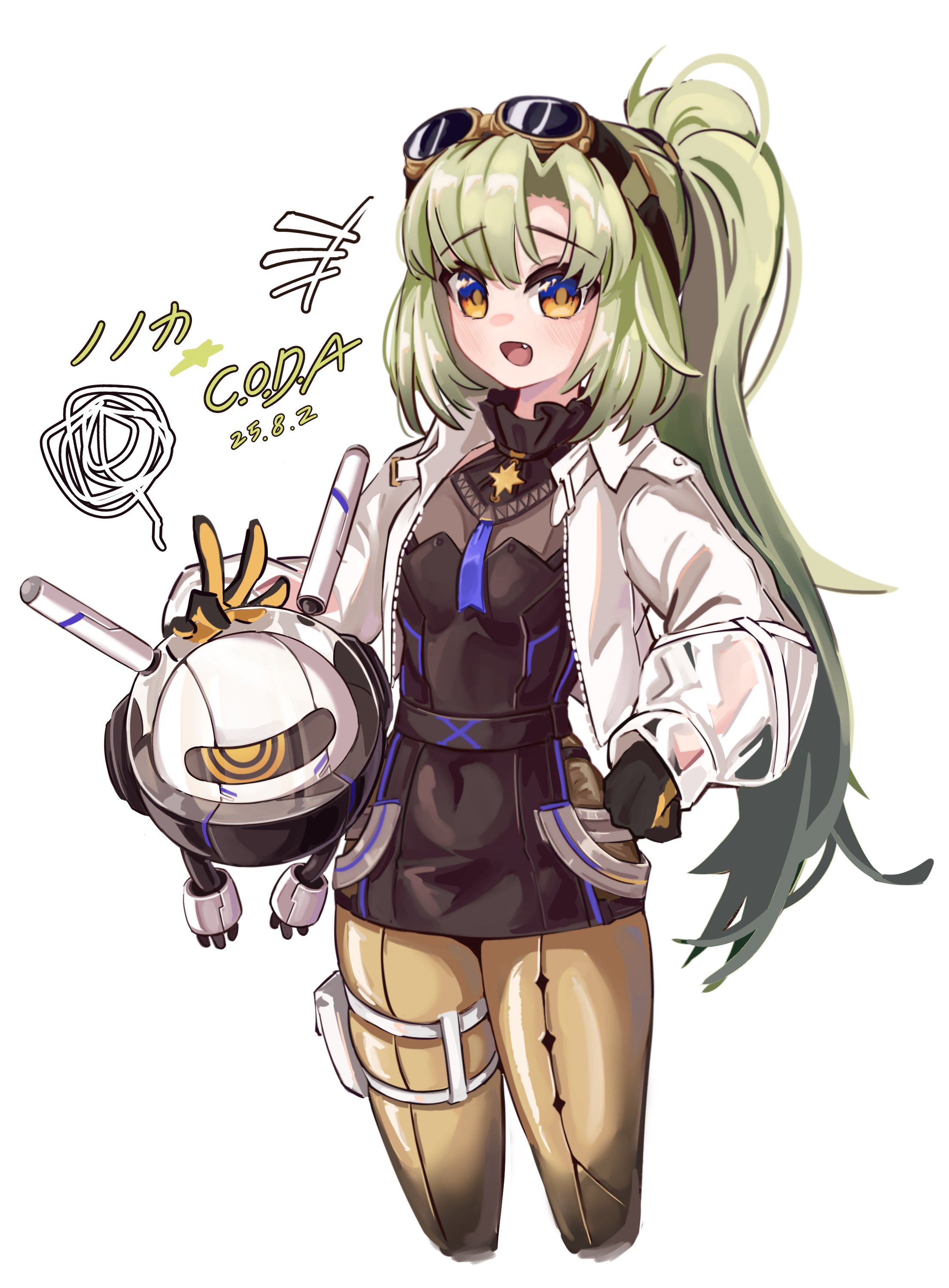 arcaea, absurdres, highres, 1girl, black gloves, black shirt, black skirt, black thighhighs, breasts, cowboy shot, curtained hair, fangs, gloves, goggles, green hair, high ponytail, jacket, leather, leather skirt, medium breasts, medium hair, nonoka (arcaea), ponytail, see-through clothes, shirt, signature, skirt, smile, solo, thigh strap, thighhighs, two-tone gloves, white jacket, white sleeves, xnubier, yellow eyes, yellow gloves, yellow thighhighs