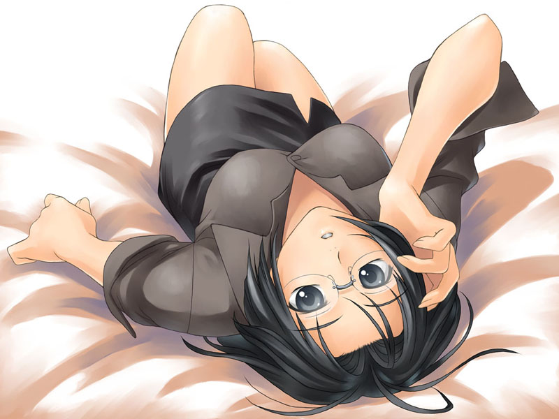 tanaka shoutarou, tagme, blue eyes, blue hair, glasses, lying, parted bangs, round eyewear, solo