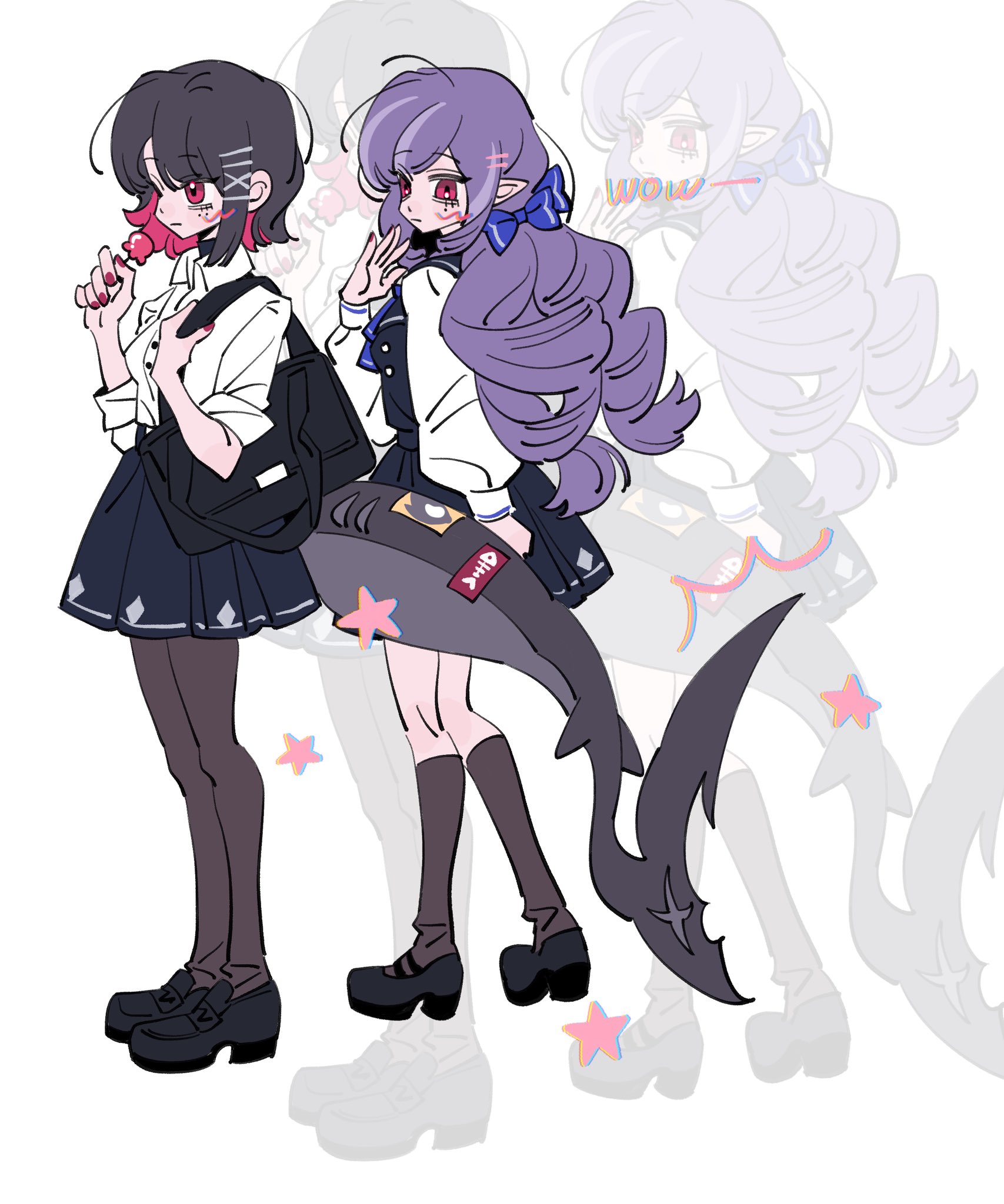 xjgfhvg, ellen joe, ellen joe (on campus), vivian banshee, zenless zone zero, highres, 2girls, backpack, bag, bow, bowtie, candy, fins, fish tail, food, hair ornament, hairpin, holding, holding candy, holding food, holding lollipop, lollipop, multiple girls, purple hair, red eyes, red nails, school uniform, shark, shark girl, shark tail, sticker, tail